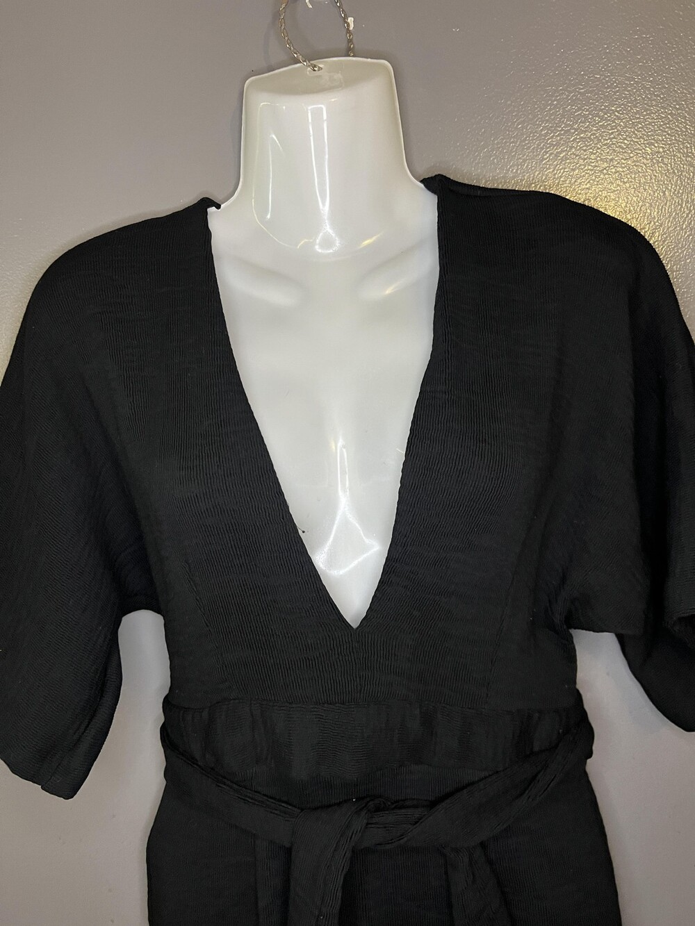 Topshop Dress Womens 6 Black V Neck Kimono Sleeve Cutout Back Tie Waist Midi